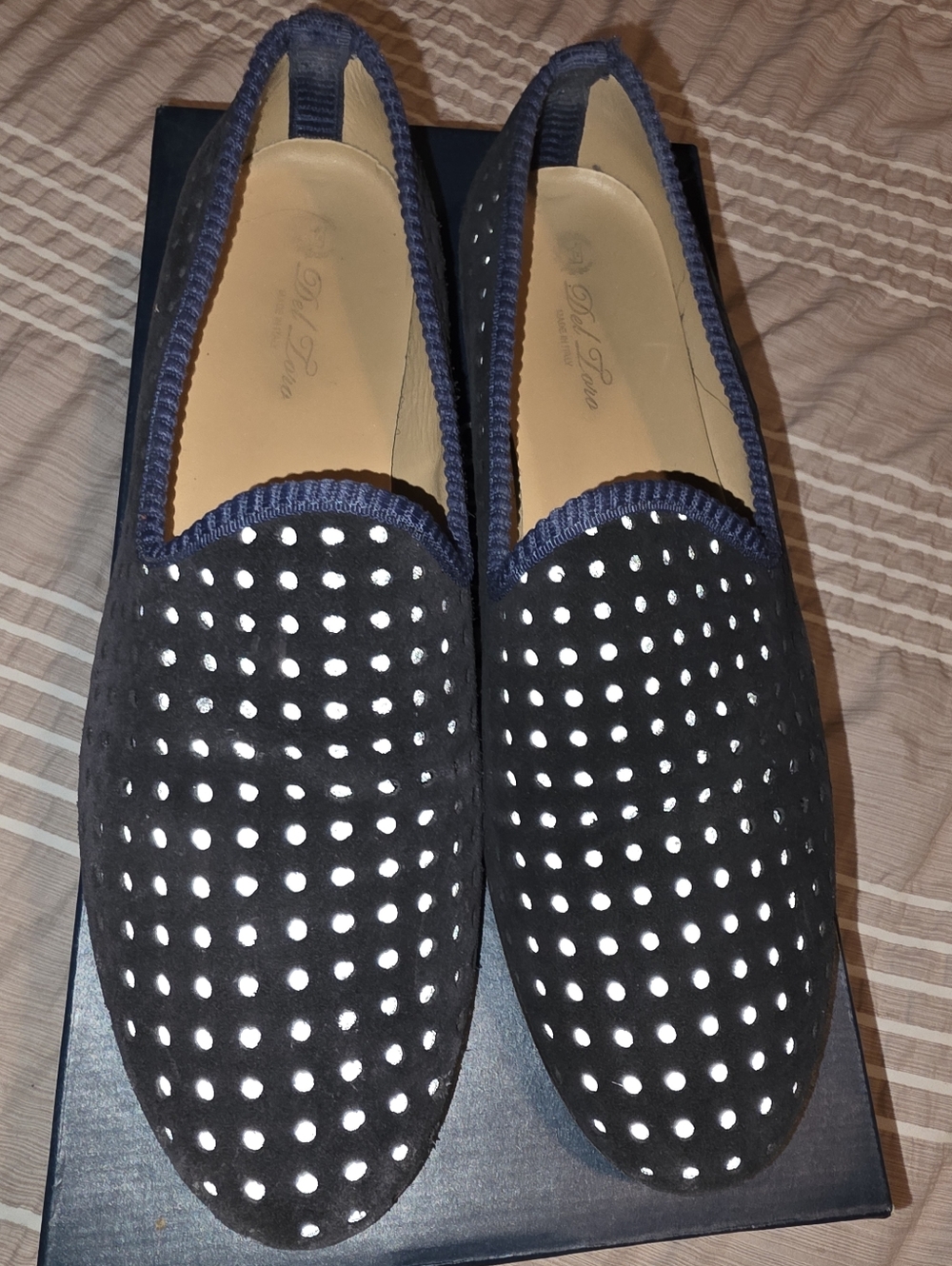 Del Toro Navy Blue  Suede Polka Dot Loafers